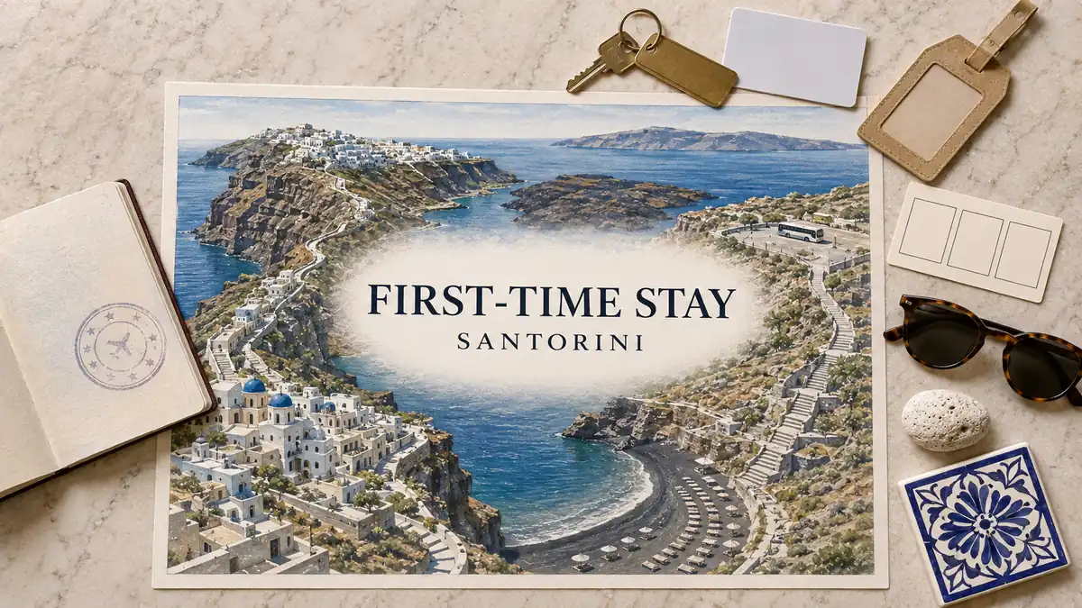 Where to Stay in Santorini for First-Time Visitors 2 Overhead Santorini first-time stay flat lay with an illustrated caldera, empty cliff villages, black-sand beach, bus hub, passport and planning objects.