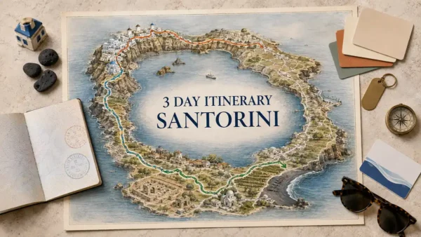 Overhead Santorini three-day itinerary flat lay with an illustrated island map, three colored routes, passport, itinerary cards and travel objects.