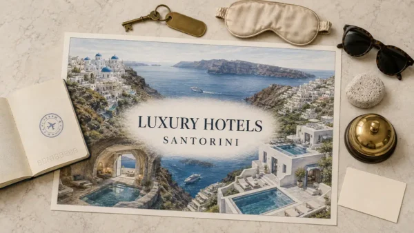 Overhead Santorini luxury-hotel flat lay with empty caldera terraces, cave and built suites, plunge pools, passport and hotel objects.