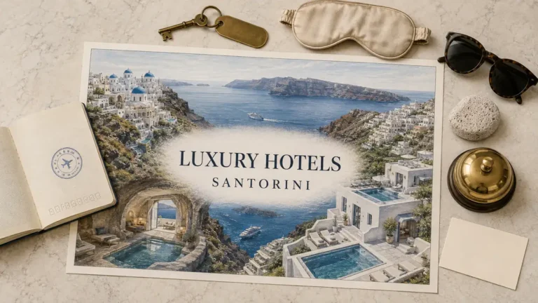 Overhead Santorini luxury-hotel flat lay with empty caldera terraces, cave and built suites, plunge pools, passport and hotel objects.
