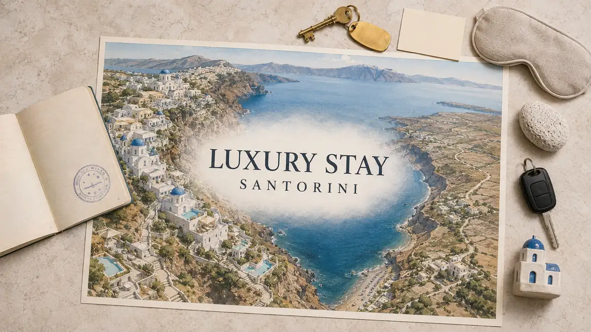 Overhead Santorini luxury-stay flat lay with an illustrated caldera map of empty cliff villages, terraces, passport and hotel-planning objects.