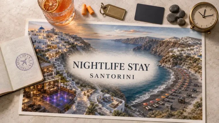 Overhead Santorini nightlife flat lay with empty illuminated Fira terraces, a black-sand beach club strip, passport and evening travel objects.