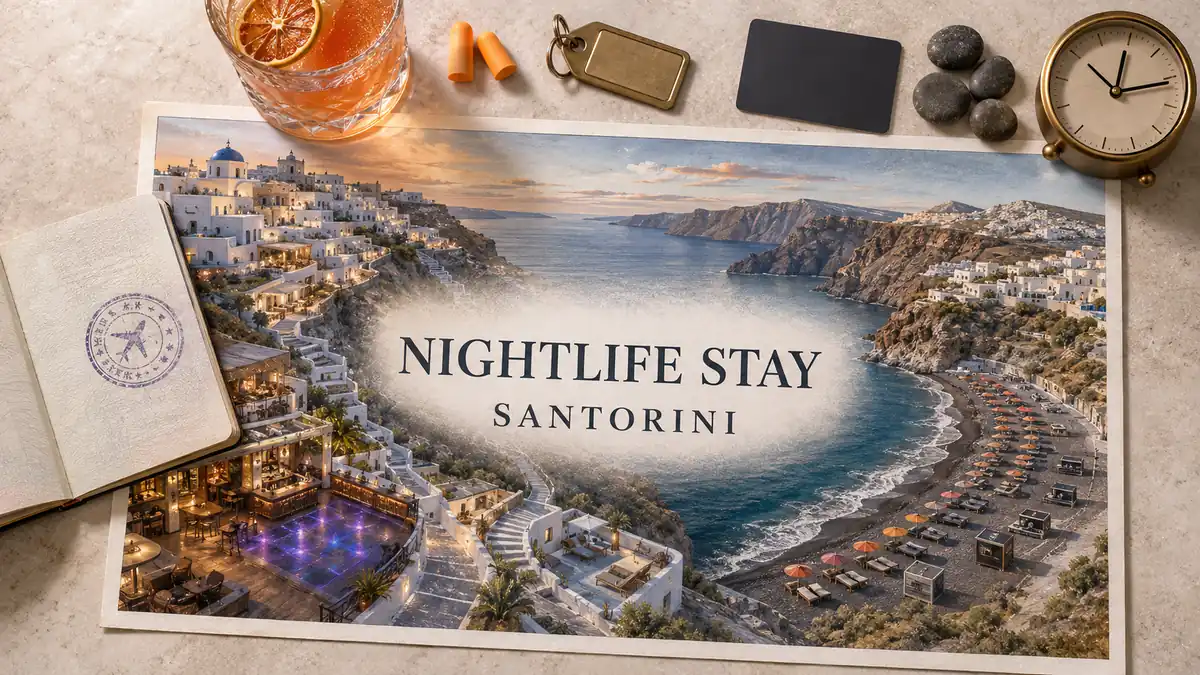 Where to Stay in Santorini for Nightlife: Best Areas to Go Out 2 Overhead Santorini nightlife flat lay with empty illuminated Fira terraces, a black-sand beach club strip, passport and evening travel objects.