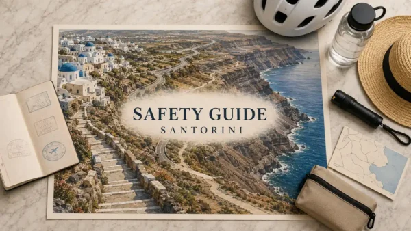 Is Santorini Safe? 4 Santorini safety flat lay with an illustrated cliffside stairway and winding roads, framed by a passport, helmet, water bottle, hat and flashlight.
