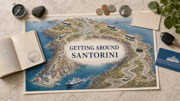 Overhead Santorini transport flat lay with an illustrated island map showing buses, cable cars, ferry, ATV and car, framed by a passport and travel objects.