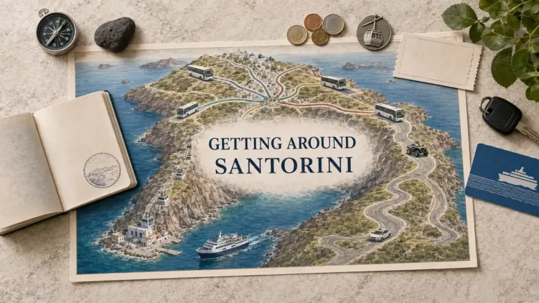 Getting Around Santorini: Bus, Taxi, ATV and the Cable Car 6 Overhead Santorini transport flat lay with an illustrated island map showing buses, cable cars, ferry, ATV and car, framed by a passport and travel objects.