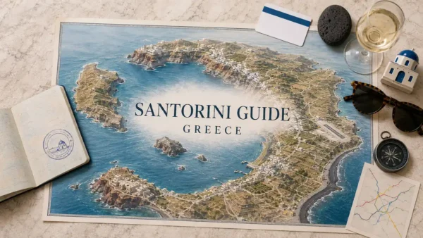 Overhead Santorini guide flat lay with an illustrated caldera map, volcanic islets, rim villages, beach coast and travel objects.