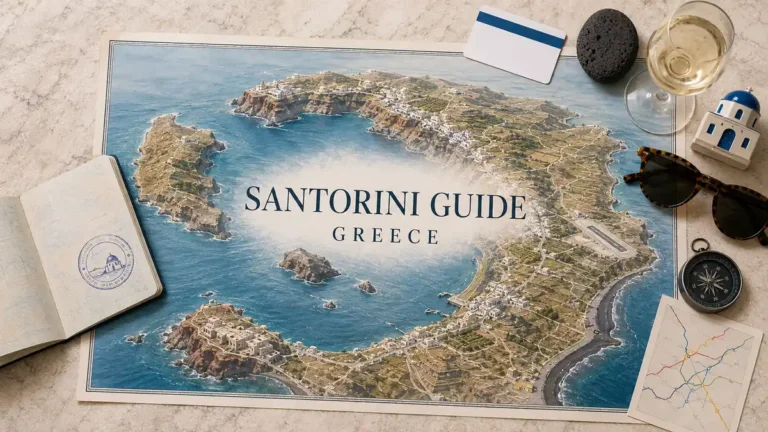 Overhead Santorini guide flat lay with an illustrated caldera map, volcanic islets, rim villages, beach coast and travel objects.