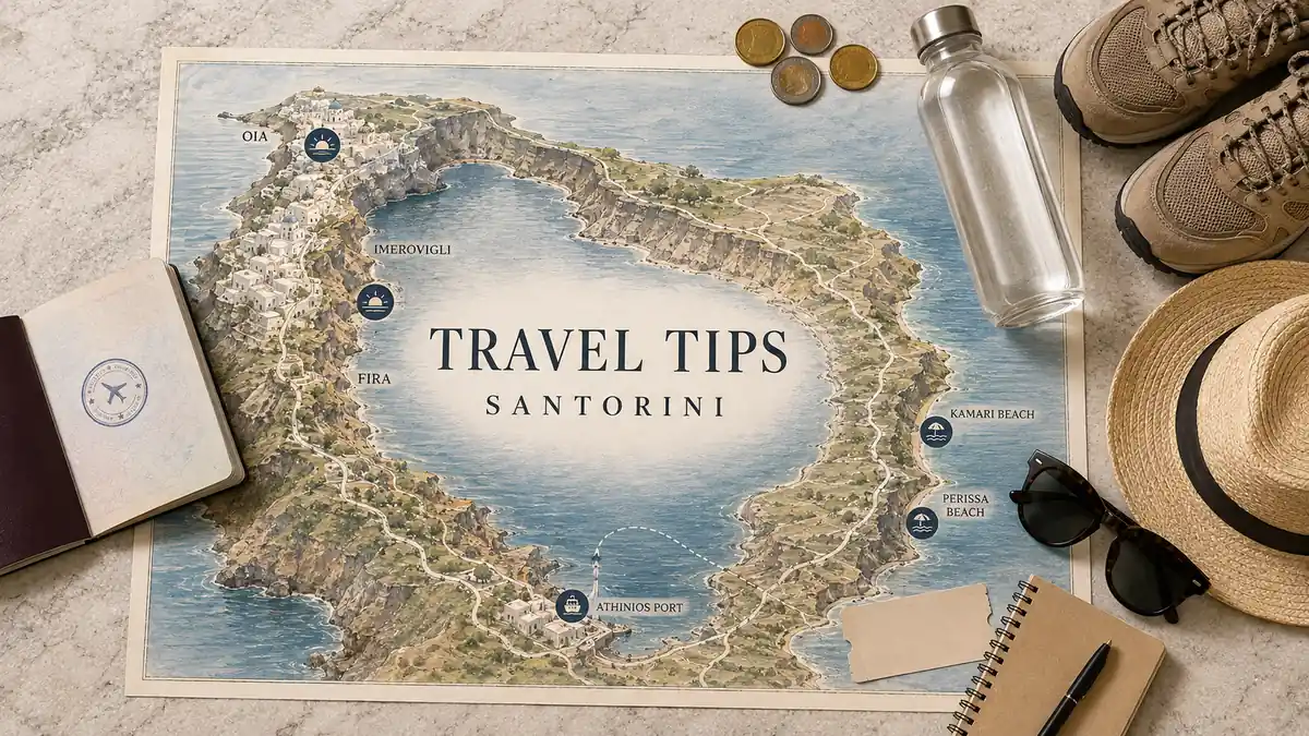 Overhead Santorini travel-tips flat lay with an illustrated island map, caldera villages, beach coast and practical planning objects.