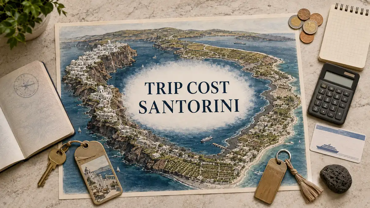 Santorini Trip Cost: What You'll Really Spend 2 Overhead Santorini trip-cost flat lay with an illustrated caldera and beach map, euro coins, calculator, room keys, ferry card and budget notebook.