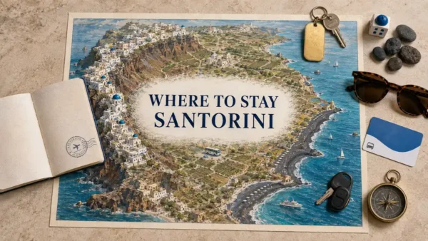 Overhead Santorini stay flat lay with an illustrated map comparing caldera cliffs, inland villages and black-sand beaches, plus passport and planning objects.