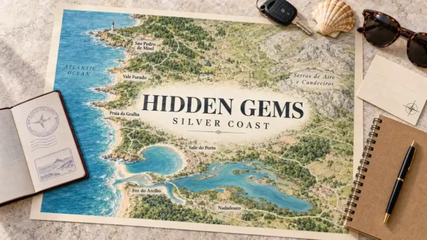 Hidden Gems in Silver Coast: The Places Every List Misses 8 Silver Coast map showing Sao Pedro de Moel, quieter coves, Foz do Arelho and Nadadouro beside a passport and coastal travel objects.