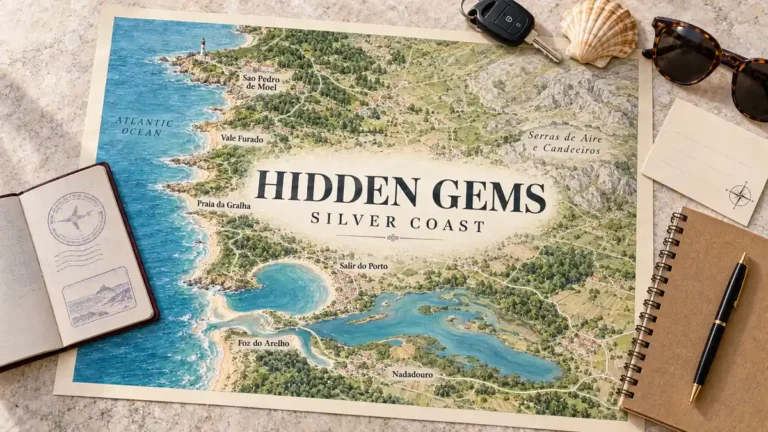 Hidden Gems in Silver Coast: The Places Every List Misses 3 Silver Coast map showing Sao Pedro de Moel, quieter coves, Foz do Arelho and Nadadouro beside a passport and coastal travel objects.