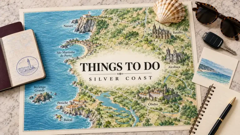 Things to Do on the Silver Coast: 8 Experiences Worth the Drive 9 Silver Coast map showing Nazare, Sao Martinho do Porto, Berlenga Grande, Peniche and inland monuments beside coastal travel objects.