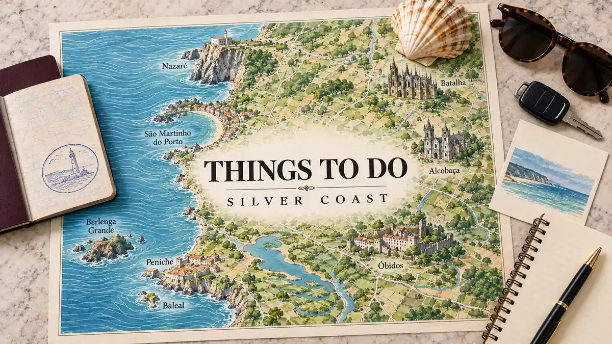 Things to Do on the Silver Coast: 8 Experiences Worth the Drive 2 Silver Coast map showing Nazare, Sao Martinho do Porto, Berlenga Grande, Peniche and inland monuments beside coastal travel objects.