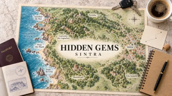 Hidden Gems in Sintra: 7 Quiet Places Worth Adding to Your Day 9 Sintra map showing Monserrate, Capuchos, Peninha, Vila Sassetti and quieter coastal places beside a passport and planning objects.