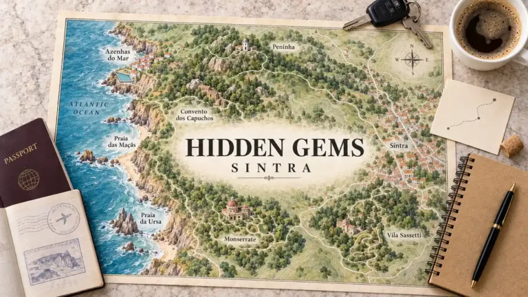 Hidden Gems in Sintra: 7 Quiet Places Worth Adding to Your Day 4 Sintra map showing Monserrate, Capuchos, Peninha, Vila Sassetti and quieter coastal places beside a passport and planning objects.