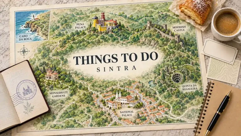 Sintra map showing Pena Palace, Moorish Castle, Regaleira, Monserrate and the National Palace beside a passport and planning objects.