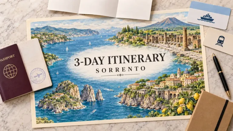 Illustrated Sorrento, Capri and Pompeii map with a passport, day planner, ferry and rail cards, notebook and pen.