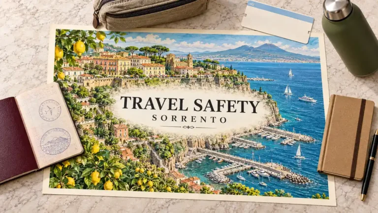 Illustrated Sorrento coastal map beside a passport, zipped pouch, rail ticket, notebook, pen and water bottle.