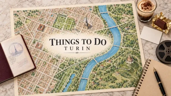 Things to Do in Turin: What to Prioritise and Book Ahead 11 Turin map with the Mole, geometric gardens and Po river hills beside a passport, bicerin, chocolate and film reel.