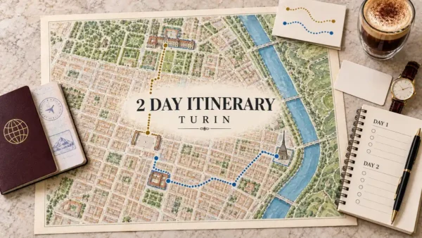 Turin 2 Day Itinerary: The Big Three Museums in the Right Order 10 Turin map with gold and blue museum routes beside the Po, framed by a passport, bicerin, watch and two-day planner.