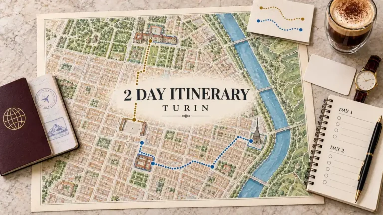 Turin map with gold and blue museum routes beside the Po, framed by a passport, bicerin, watch and two-day planner.