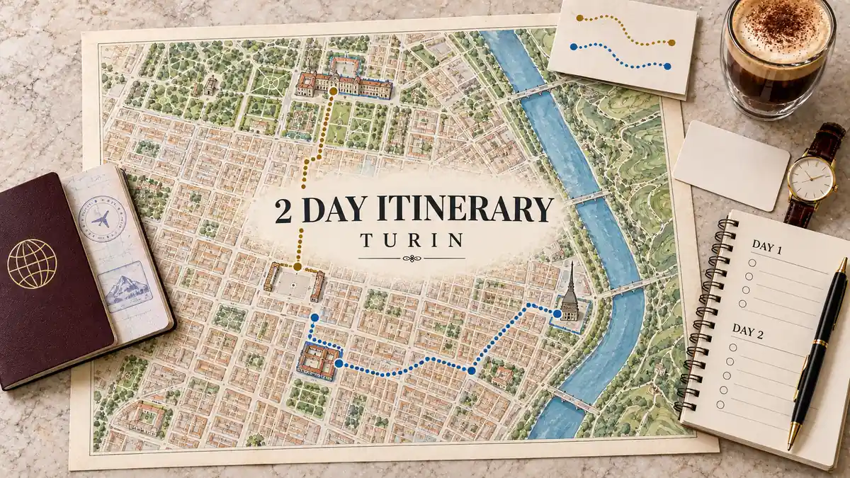 Turin 2 Day Itinerary: The Big Three Museums in the Right Order 2 Turin map with gold and blue museum routes beside the Po, framed by a passport, bicerin, watch and two-day planner.