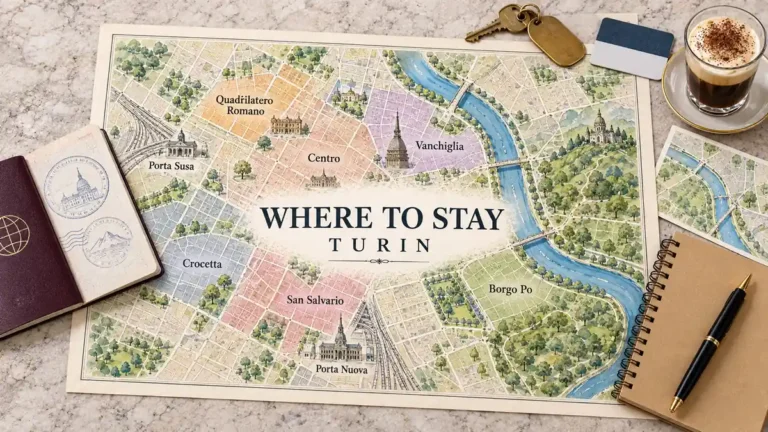Turin neighborhood map with the Po, Porta Nuova and Porta Susa, framed by a passport, room key, bicerin and notebook.