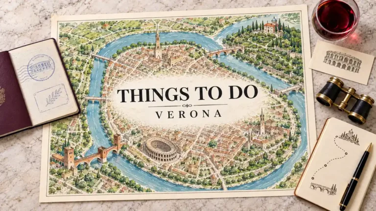 Things to Do in Verona: The Experiences Worth Your Time 6 Illustrated Verona map with the Arena and Adige river, framed by a passport, red wine, opera glasses and notebook.