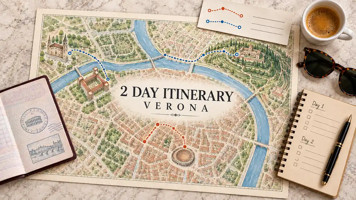 Verona 2 Day Itinerary: Arena First, Sunset Across the River 2 Verona map with red and blue walking routes around the Adige, an Arena illustration, passport, coffee and two-day planner.