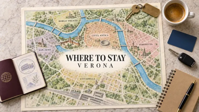 Verona map showing five stay areas around the Adige, with a passport, room key, coffee, transit card and notebook.