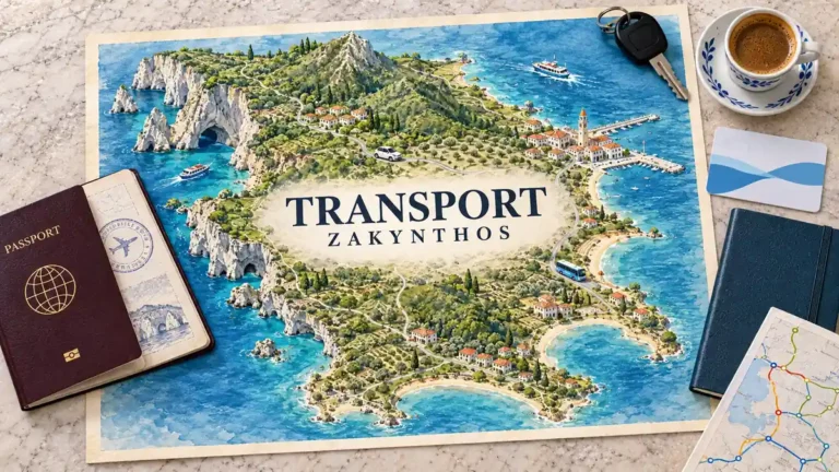 Zakynthos transport map with an illustrated bus, car and boat, surrounded by a passport, car key, route card, transit card, notebook and coffee.