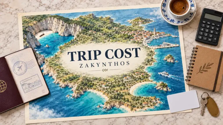 Zakynthos island map with coastal towns and an excursion boat, framed by a passport, calculator, notebook, transit card, coffee and room key.