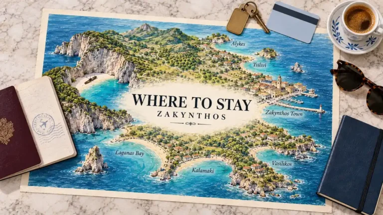 Zakynthos island map with coastal towns and beach bases, framed by a passport, room key, transit card, coffee, notebook and sunglasses.