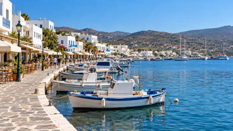 Adamas, Milos: Is the Port Town a Good Place to Stay? 5 Small boats line a sunny quay beside white buildings and waterfront cafes in Adamas, Milos.