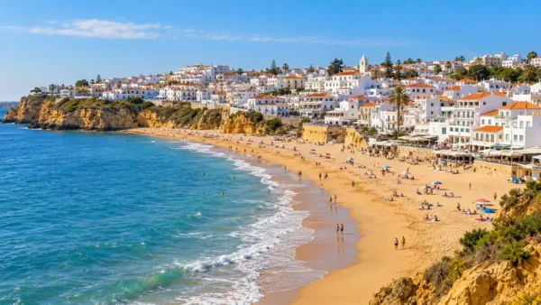 Whitewashed Albufeira buildings above the broad golden sand of Praia dos Pescadores and blue Atlantic water.