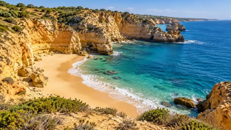 Travel to the Algarve, Portugal: Which Coast Fits Your Trip 3 Golden limestone cliffs above a sandy cove and blue Atlantic water in the Algarve