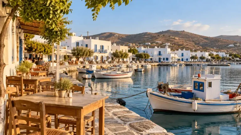 Wooden taverna tables stand beside moored fishing boats and white waterfront buildings in Aliki, Paros.