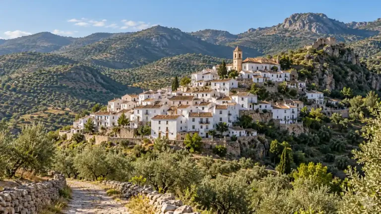 Travel to Andalusia, Spain: How to Shape Your First Trip 3 Whitewashed village houses and a church tower rise above olive groves against rugged inland Andalusian hills.