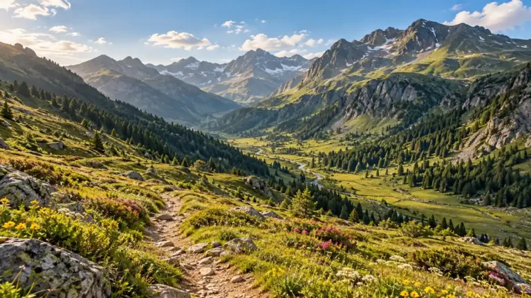 Home 19 Illustration of a summer mountain valley in Andorra, with a hiking trail, green meadows and rocky Pyrenean ridges.