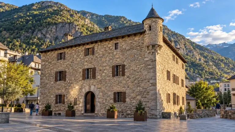 Andorra la Vella Travel Guide: Worth a Day or a Night? 5 Stone manor inspired by Casa de la Vall, with a corner turret and mountain backdrop in Andorra la Vella.