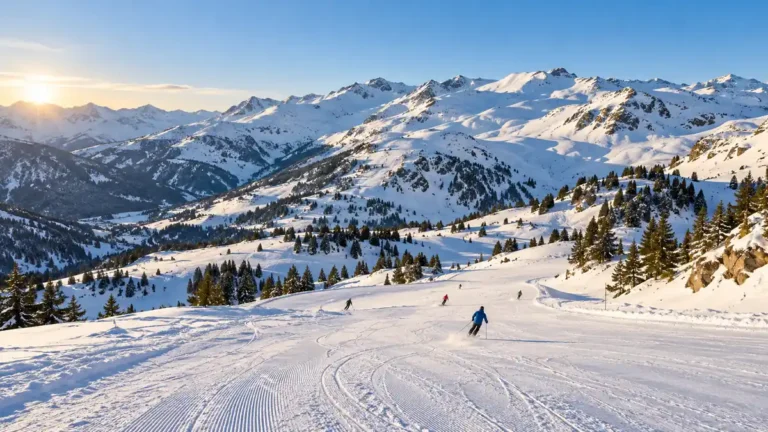Skiing in Andorra: Grandvalira, Pal Arinsal or Ordino Arcalís? 3 Skiers on a broad snowy slope beneath sunlit Pyrenean ridges and scattered pine trees.