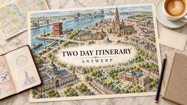 Antwerp watercolor route map with Centraal station, cathedral, Scheldt waterfront and art museums, framed by a passport and planning objects.