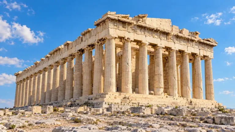 Sunlit marble columns of the Parthenon above the rocky Acropolis plateau in Athens