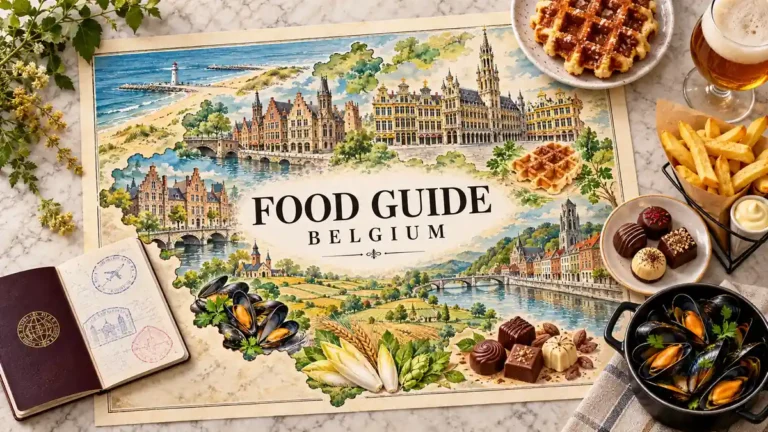 Belgium watercolor map framed by a Liege waffle, frites with mayonnaise, pralines, amber beer and a mussel pot beside a passport.