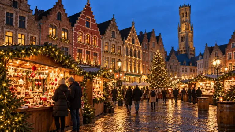 Wooden Christmas stalls and warm lights beneath stepped-gable facades in Bruges