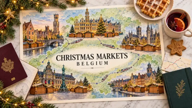 Home 4 Belgian city map with festive landmarks and wooden chalets, beside a passport, waffle, hot wine, speculoos star, rail card and notebook.