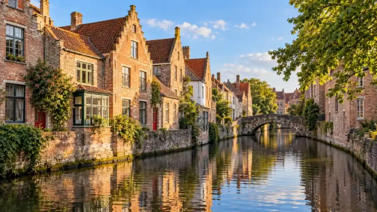 Home 14 Warm sunlight falls on stepped-gable brick houses beside a canal and small stone bridge in a Bruges-inspired scene.