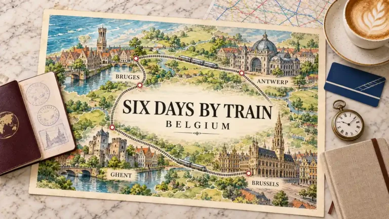 Watercolor rail map linking Brussels, Ghent, Bruges and Antwerp landmarks, with a generic train and travel planning objects.